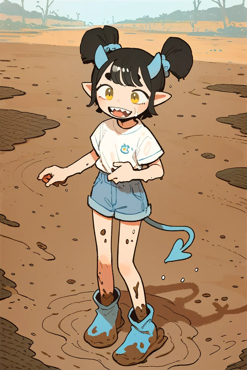 score_9,score_8_up,score_7_up,1girl,solo,source_anime,<lora:kekexl_v0.1:0.8>,keke,<lora:MyphiaPXL:1>,MyphiaPXL,horns,blue horns,small breasts,sharp teeth,black hair,yellow eyes,demon tail,pointy ears,demon horns,short hair,twintails,mud,path,mudbray,wet,,
