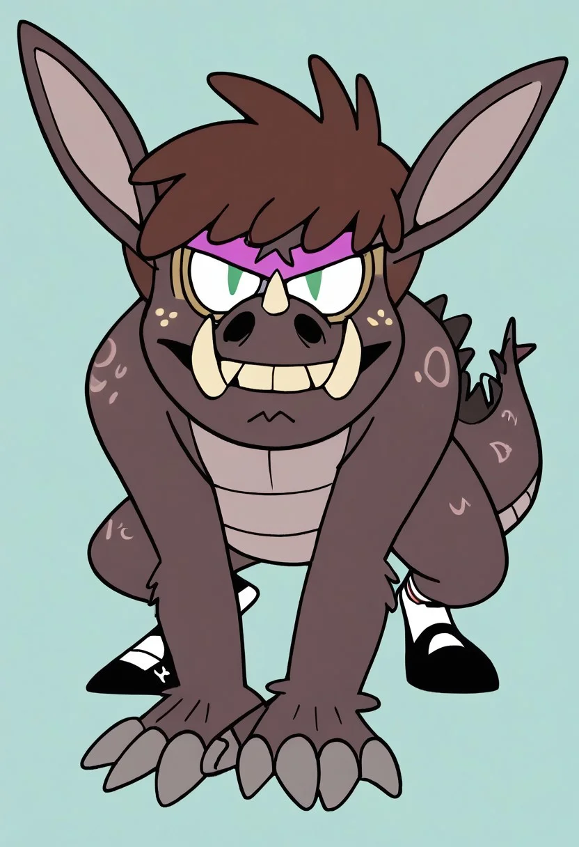 (score_9 | score_8_up | score_7_up) ((masterpiece:1))(best quality,very high quality,ultra detailed:1.2) (2D,cartoon style,anime style)(Smooth:2)(clean blurring) (four fingers on each hand,one thumb on each hand:1), Boy Lynn loud, solo, 1boy, Brown hair, thick Brown hair, round nose, freckles, red And white jersey shirt with a 0 on it, red And white shorts, white socks, black shoes purple mask, mask of the beast, transformation, cross between a donkey a badger and a lizard, fangs, full body, 100% transformation, nose with big holes, buck teeth, dark purple fur, lizardlike tail, paws with claws, donkey ears, tusks, aligator body, all fours, rhino horn, spikes, green eyes, vertical slit pupil