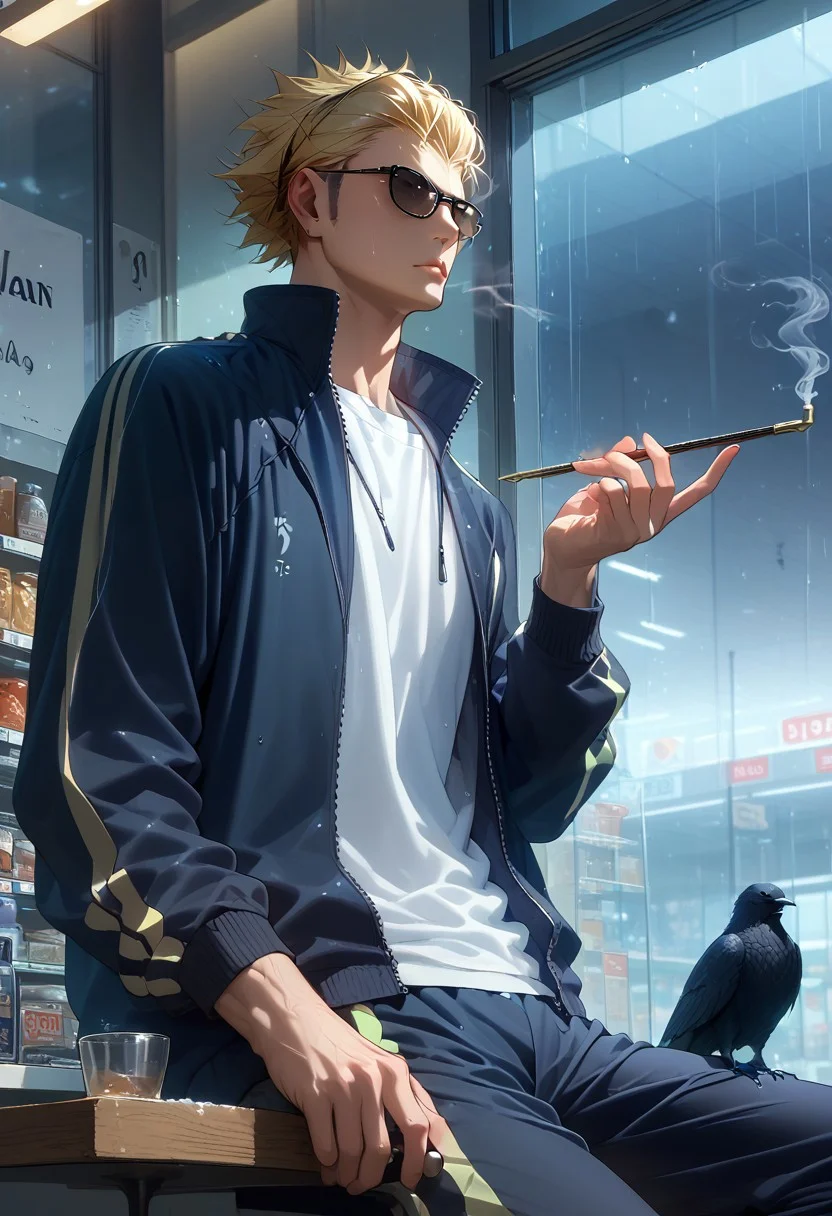 score_9, score_8_up, score_7_up, rating_explicit, crow, holding smoking kiseru, Ukaikyu, 1boy, male focus, black track jacket, black track pants, black sunglasses, serious, open clothes, pipe smoke, sitting, cropped leg, blurry indoor convenience store, stool, raining, realistic lighting, hands with five fingers, Expressiveh, from below, Spirit Animal,