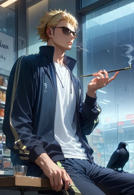 score_9, score_8_up, score_7_up, rating_explicit, crow, holding smoking kiseru, Ukaikyu, 1boy, male focus, black track jacket, black track pants, black sunglasses, serious, open clothes, pipe smoke, sitting, cropped leg, blurry indoor convenience store, stool, raining, realistic lighting, hands with five fingers, Expressiveh, from below, Spirit Animal,