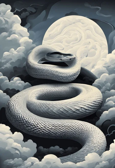 masterpiece, the highest quality, air element,sky,clouds,in the sky,snake(white),big snake,winged snake,wind,wings