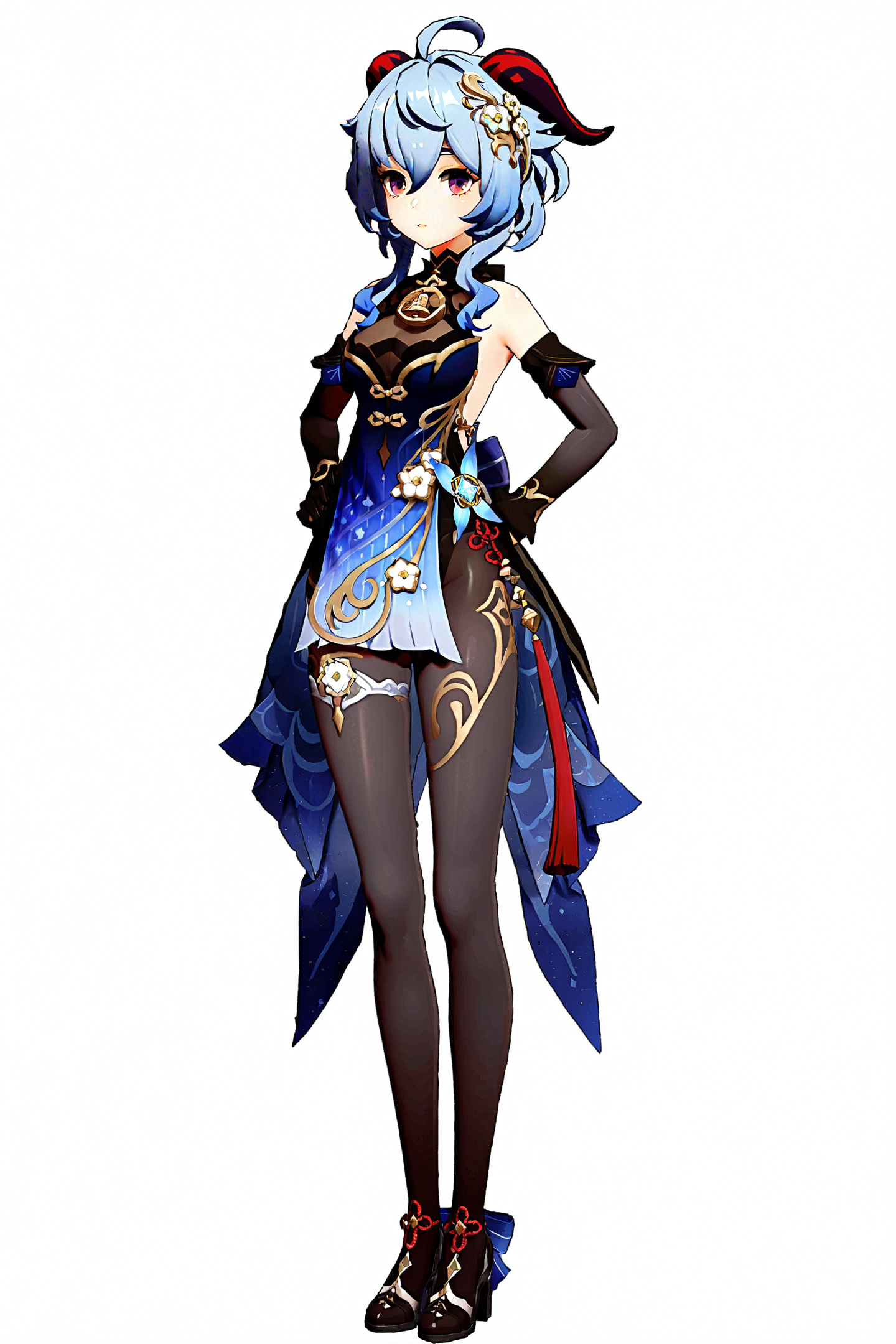 8k, best quality, masterpiece, (ultra-detailed:1.1), (high detailed skin), 
(full body), white background, standing, looking at viewer, (solo), hand on hip, 
<lora:ganshenxian-A3-Tanger-000010:0.8>, ganyu \(genshin impact\), Ganyu's new year's clothes, 1girl, gloves, horns, ahoge, purple eyes, blue hair, looking at viewer, full body, black gloves, elbow gloves, 
(white background, simple background), 
(beautiful_face), ((intricate_detail)), clear face, 
((finely_detailed)), fine_fabric_emphasis, 
((glossy)), full_shot,