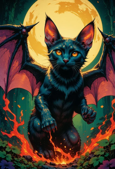 The Gristlewings bat-like creatures the size of housecats, with wings of stretched, translucent sinew. Their bites carry a curse that causes victims' dreams to manifest physically, often creating twisted, partial copies of themselves. live action 80's dark fantasy vhs still, , Grindhouse Gothic Pop-Noir aesthetic,
Style: acid-folk tapestry realism with collage-cut shadows. Color palette: spoiled gold, sickly indigo, and hallucinogenic chartreuse. Lines buzz like fever dreams. Texture: embroidered madness.
Mood: cursed nostalgia. Symbolism: music as distortion, song as spell, blindness as a gift to see truth.
