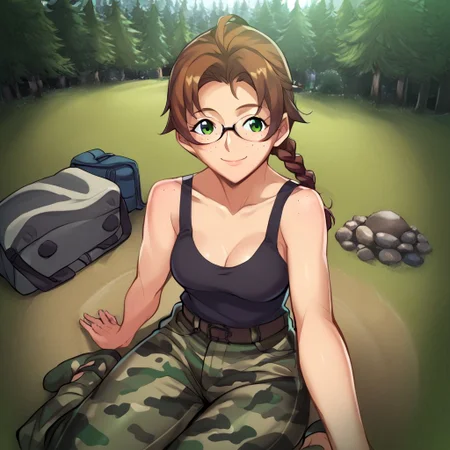 score_9, score_8_up, score_7_up, score_6_up, score_5_up, score_4_up, BREAK, anime style, source_anime, cinematic lighting, selfie, solo, (smile),
outside, forest background, camping, campfire, sitting by campfire, tent in background,
1girl, hikarihoraki, brown hair, braid, ((freckles)), long hair, (green eyes), glasses, camo pants, tank top, <lora:HikariHorakiXL:0.8>