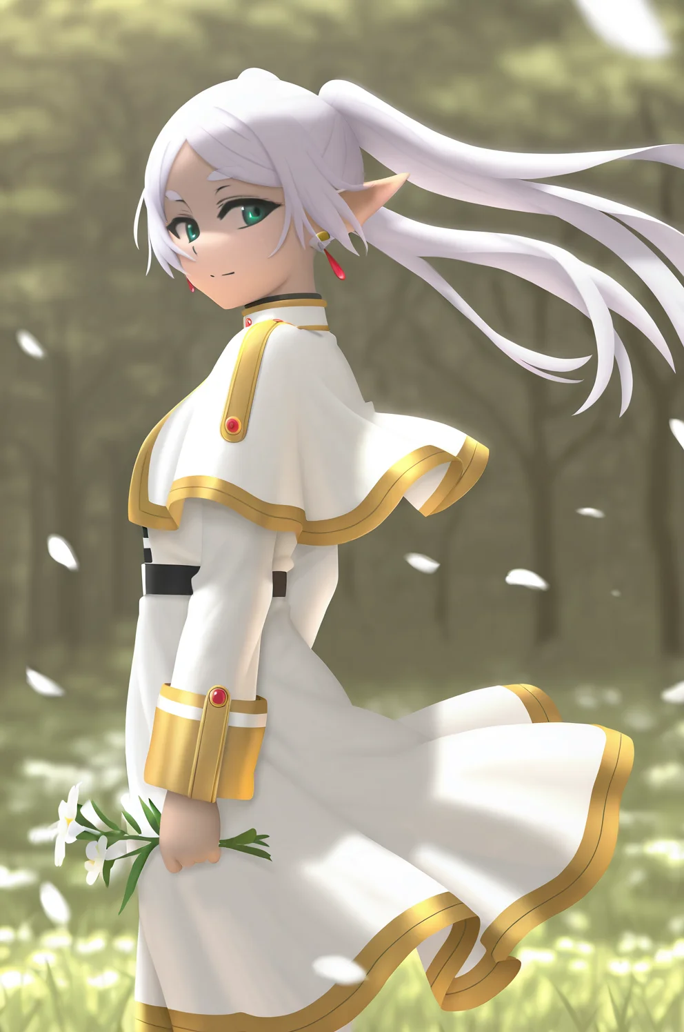 (masterpiece), (best quality), (intricate details, very aesthetic), absurdres, highres, 1girl, <lora:siraha_style-Illustrious:1> siraha_style, frieren, sousou no frieren, white capelet, white dress, red earrings, white hair, twintails, long hair, elf, pointy ears, wind, floating hair, holding flowers, flower, outdoors, nature, grass, tree, falling petals, from side, looking back, light smile, floating clothes, general, cinematic light, day, sky