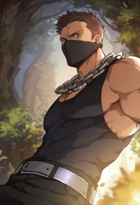 1boy, Criminal, buzz hair, black mask, chain necklace, belt,  black_hair, score_8_up, score_7_up, score_6_up, score_9_up, stand at forest, fantasy, tight black tanktop, (manly),face_focus, middle-age man, muscular, centered,looking at viewer, big arms,  detailed eyes, 8k uhd, high quality, no_eyebrow