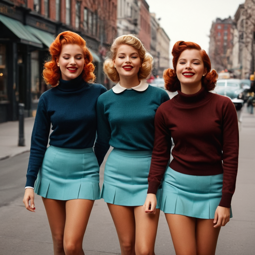 UHD, 4k, ultra detailed, cinematic, a photograph of  <lora:Retro Fashion style:1>
three women in short skirts are standing on a sidewalk retro style,smile,multiple girls,skirt,blonde hair,1boy,2girls,closed eyes,pantyhose,orange hair,sweater,turtleneck,siblings,realistic , model, modeling, retro, fashion, vintage, classic, 1950's, 1940's 1960's, different, colorful, different hair style, vivid, film noise, film grain, filmic, perfect, perfection, detailed, contrast, deep color, saturation, fashionista, retro fashion style, epic, beautiful lighting, inpsiring