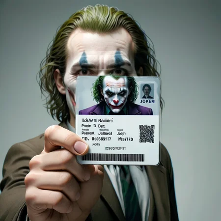 a joker  holding a  id card,<lora:seemycard3:0.85>