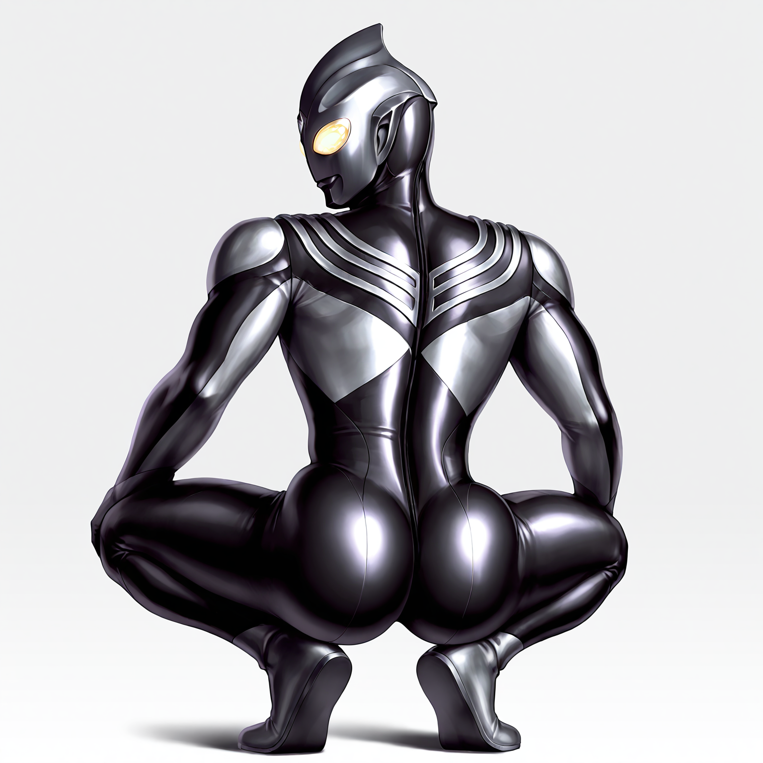 very awe,aesthetically pleasing,masterpiece,best quality,amazing quality,very aesthetic,ultra-detailed,high resolution,8k,1boy,solo,black bodysuit,tokusatsu,alien,yellow eyes,glowing eyes, white background,<lora:add-detail-xl:1>,<lora:ultraman tiga dark:0.7>,t1ga dark,<lora:Broly_Culo_Illustrious:1>,br0ly_cul0,from behind,squatting,looking back,ass,full body,