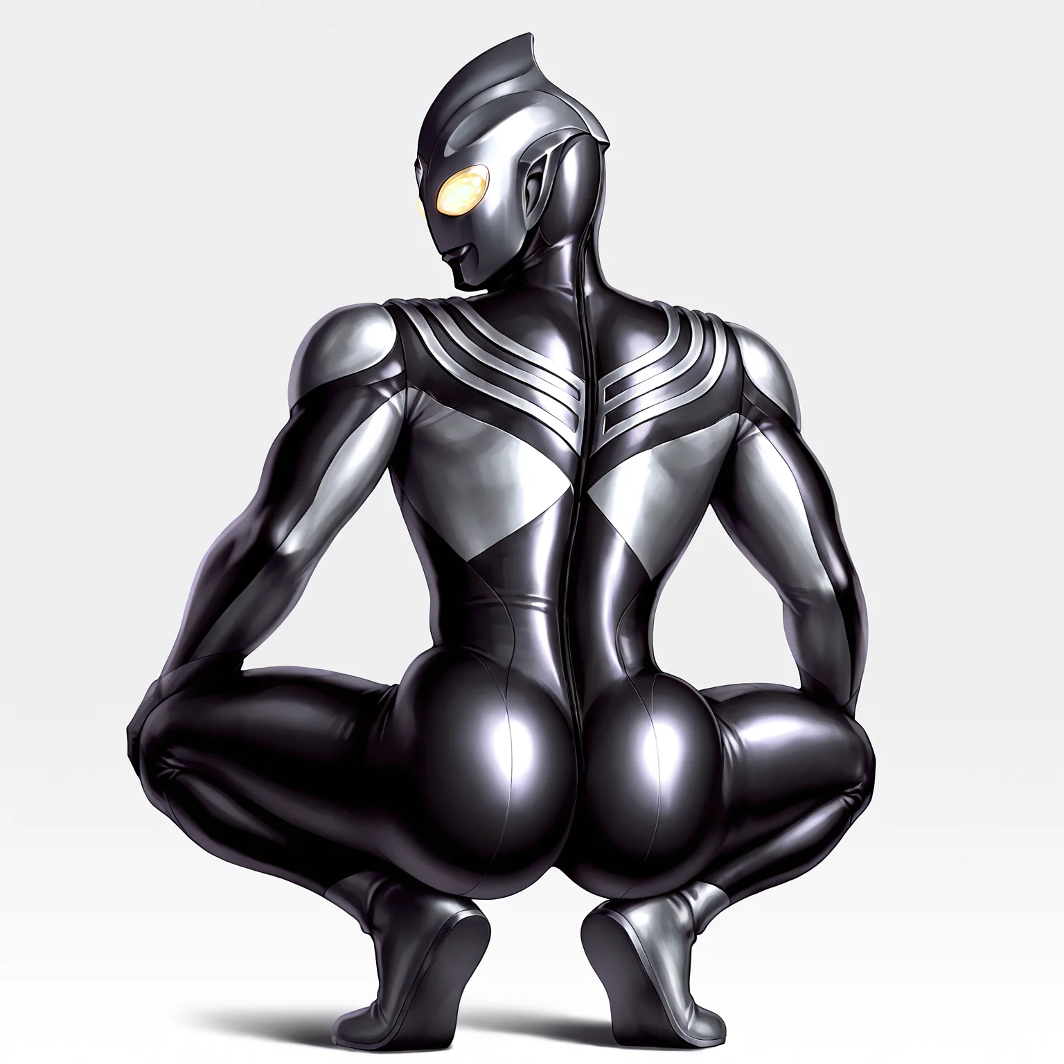 very awe,aesthetically pleasing,masterpiece,best quality,amazing quality,very aesthetic,ultra-detailed,high resolution,8k,1boy,solo,black bodysuit,tokusatsu,alien,yellow eyes,glowing eyes, white background,<lora:add-detail-xl:1>,<lora:ultraman tiga dark:0.7>,t1ga dark,<lora:Broly_Culo_Illustrious:1>,br0ly_cul0,from behind,squatting,looking back,ass,full body,
