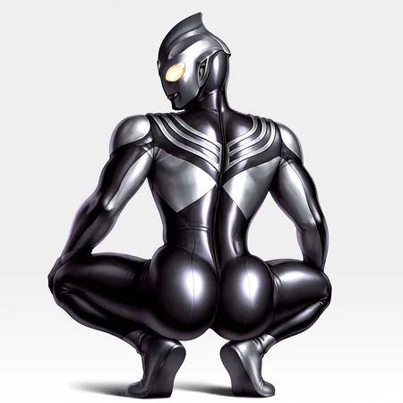 very awe,aesthetically pleasing,masterpiece,best quality,amazing quality,very aesthetic,ultra-detailed,high resolution,8k,1boy,solo,black bodysuit,tokusatsu,alien,yellow eyes,glowing eyes, white background,<lora:add-detail-xl:1>,<lora:ultraman tiga dark:0.7>,t1ga dark,<lora:Broly_Culo_Illustrious:1>,br0ly_cul0,from behind,squatting,looking back,ass,full body,