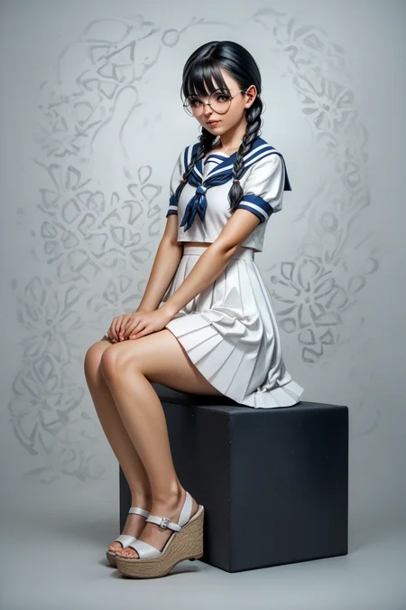 score_9, score_8_up, score_7_up, 1girl, source_anime, detailed, painting, traditional media, 1girl, sitting, yokozuwari, serafuku, white dress, short skirt, short sleeves, pleated skirt, black hair, round glasses, twin braids, akanbe, ;P, sandals, perfect feet, five toes, abstract background, Wedge Heels, espadrille wedges