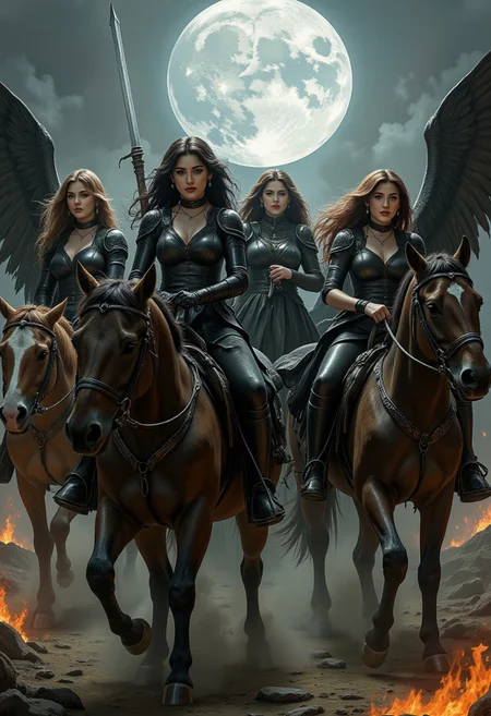 four beautiful women on horses representing the four horsemen of the apocalypse. A dystopian scene as the women ride the horses, dark angelic women,