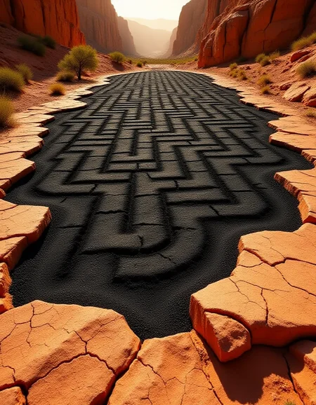 A massive burned patch shaped like a labyrinth sprawls across the cracked, red stone. The labyrinthâs pathways are scorched deep into the rock, their edges dark and ashy, creating sharp contrast against the warm, earthy tones. The sun casts dramatic shadows that follow the winding paths, and small desert plants cling to the rock at the edges of the burn. Towering canyon walls surround the scene, their golden hues glowing in the late-afternoon light.
<lora:ral-brndptch_000002000:1>