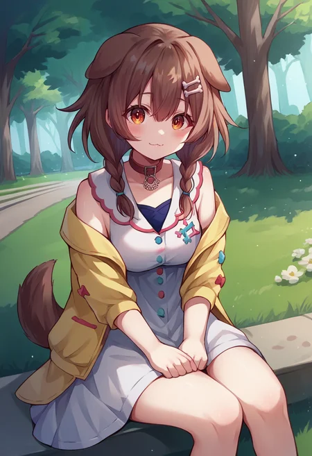 score_9, score_6_up, source_anime, 1girl, solo, sitting, korone_base, yellow jacket, white dress, off shoulder, animal collar, low twin braids, bone hair ornament, dog tail, :\3, park, tree, grass, dutch angle <lora:koroneXL:1>