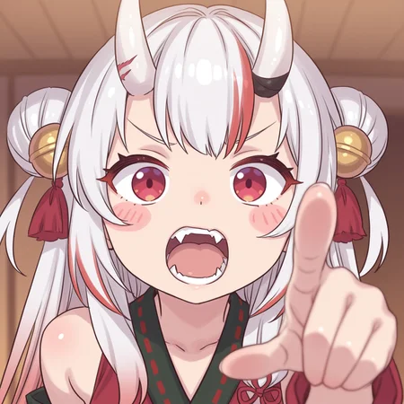 masterpiece, best quality, amazing quality, virtual youtuber, 1girl, horns, solo, open mouth, long hair, meme, red hair, oni, hair ornament, multicolored hair, parody, streaked hair, hair bell, pointing, bell, white hair, hair bun, blush stickers, blurry, upper body, double bun, fang, fangs, pointing at viewer, japanese clothes, nakiri ayame, mimonel