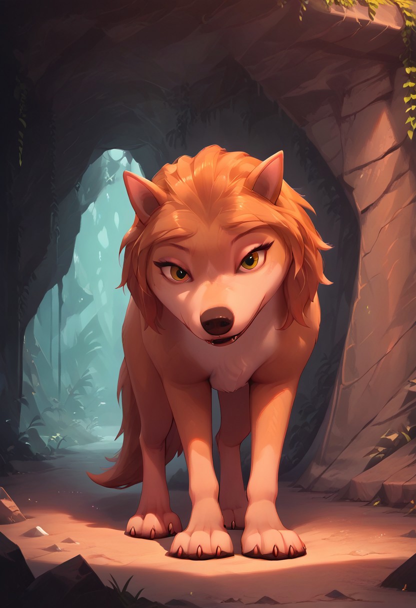 score_9_up, score_8_up, score_7_up, score_6_up, score_5_up, kate, wolf, feral, looking at viewer, outdoors, inside, cave, 1girl