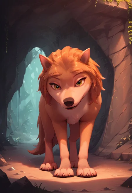 score_9_up, score_8_up, score_7_up, score_6_up, score_5_up, kate, wolf, feral, looking at viewer, outdoors, inside, cave, 1girl