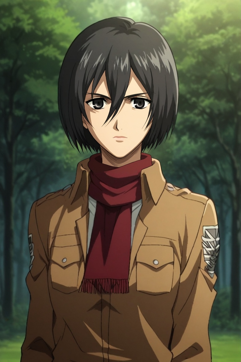 zPDXL, score_9, score_8_up, score_7_up, source_anime, rating_safe, , , depth of field, 1girl, <lora:mikasa_ackerman_pony:0.70>, mikasa_ackerman, black hair, black eyes, hair between eyes, short hair, lips, scarf, jacket, paradis military uniform, solo, focused, forest, dark, arms at sides, :D, <lora:fsn_style_pony:1.12>, fsn_style, , <lora:sdxl_lightning_8step_lora:1>