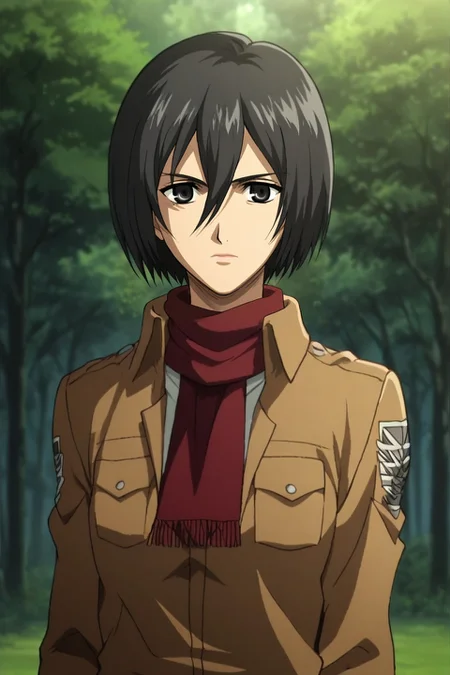 zPDXL, score_9, score_8_up, score_7_up, source_anime, rating_safe, , , depth of field, 1girl, <lora:mikasa_ackerman_pony:0.70>, mikasa_ackerman, black hair, black eyes, hair between eyes, short hair, lips, scarf, jacket, paradis military uniform, solo, focused, forest, dark, arms at sides, :D, <lora:fsn_style_pony:1.12>, fsn_style, , <lora:sdxl_lightning_8step_lora:1>