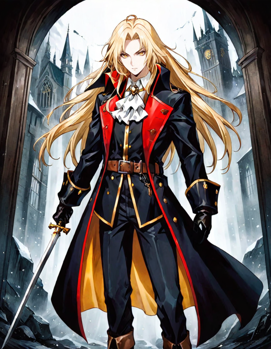anime artwork photograph sotn, Alucard, 1boy, holding weapon, holding sword, male focus, long hair, blonde hair, white ascot, black gloves, white background, coat, belt, pants, simple background, yellow eyes, cape, jacket, long sleeves, closed mouth, boots, black footwear
 <lora:sotn:.6> 
<lora:offset_0.2:0.5>, 50mm . cinematic 4k epic detailed 4k epic detailed photograph shot on kodak detailed cinematic hbo dark moody, 35mm photo, grainy, vignette, vintage, Kodachrome, Lomography, stained, highly detailed, found footage . anime style, key visual, vibrant, studio anime,  highly detailed