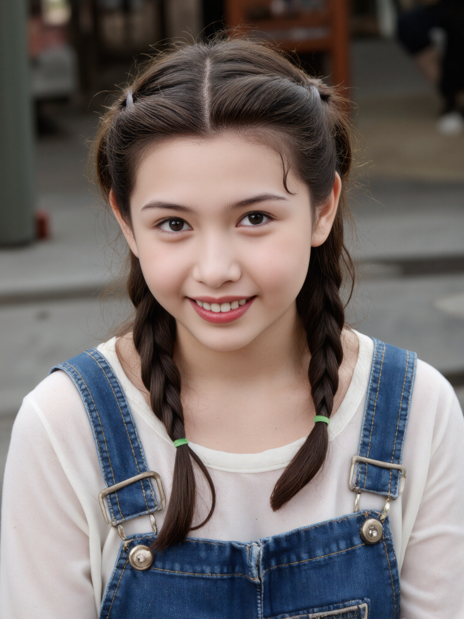 This is a high-resolution photograph of a young Asian woman with fair skin and dark brown hair styled in two neat braids. She has a round face, expressive brown eyes, and a wide, genuine smile that reveals her teeth. Her lips are painted with a natural pink shade. She wears a casual outfit consisting of a white top under a pair of dark blue denim overalls. The background is blurred, focusing attention on her, and appears to be an urban setting with muted, neutral colors. The image is well-lit with natural light, highlighting her youthful and cheerful demeanor. The camera angle is at eye level, and the composition follows the rule of thirds, with her face positioned slightly off-center.