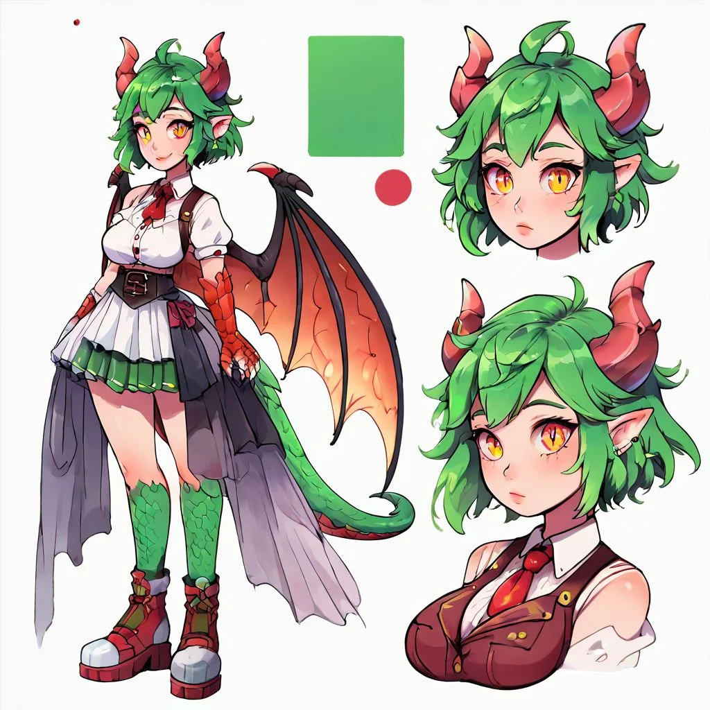 (score_9), (score_8_up), (score_7_up), (score_6_up), (score_5_up), (score_4_up), (masterpiece), <lora:DragonGirl-10:0.8>, CharacterSheet, multiple views, full body, upper body, reference sheet:1, best quality, detailed eyes, 1girl, large breasts, dragongirl, pointy ears, green hair, green eyes, short hair, dragon wings, dragon tail, dragon horn, dragon claw, green scales, white blouse, red tie, pleated skirt, standing