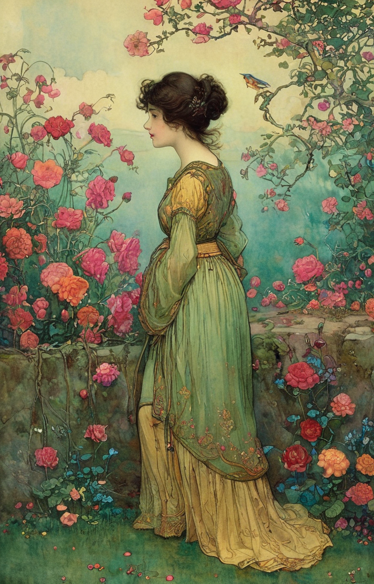 masterpiece,best quality,<lora:tbh144-sdxl:0.7>,patten,computer,flowers,illustration,style of Warwick Goble