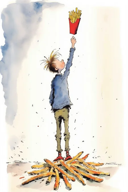 <lora:Quentin Blake Style:1>Quentin Blake Style - cartoon by quentin blake, boy looking up and holding up a french fry