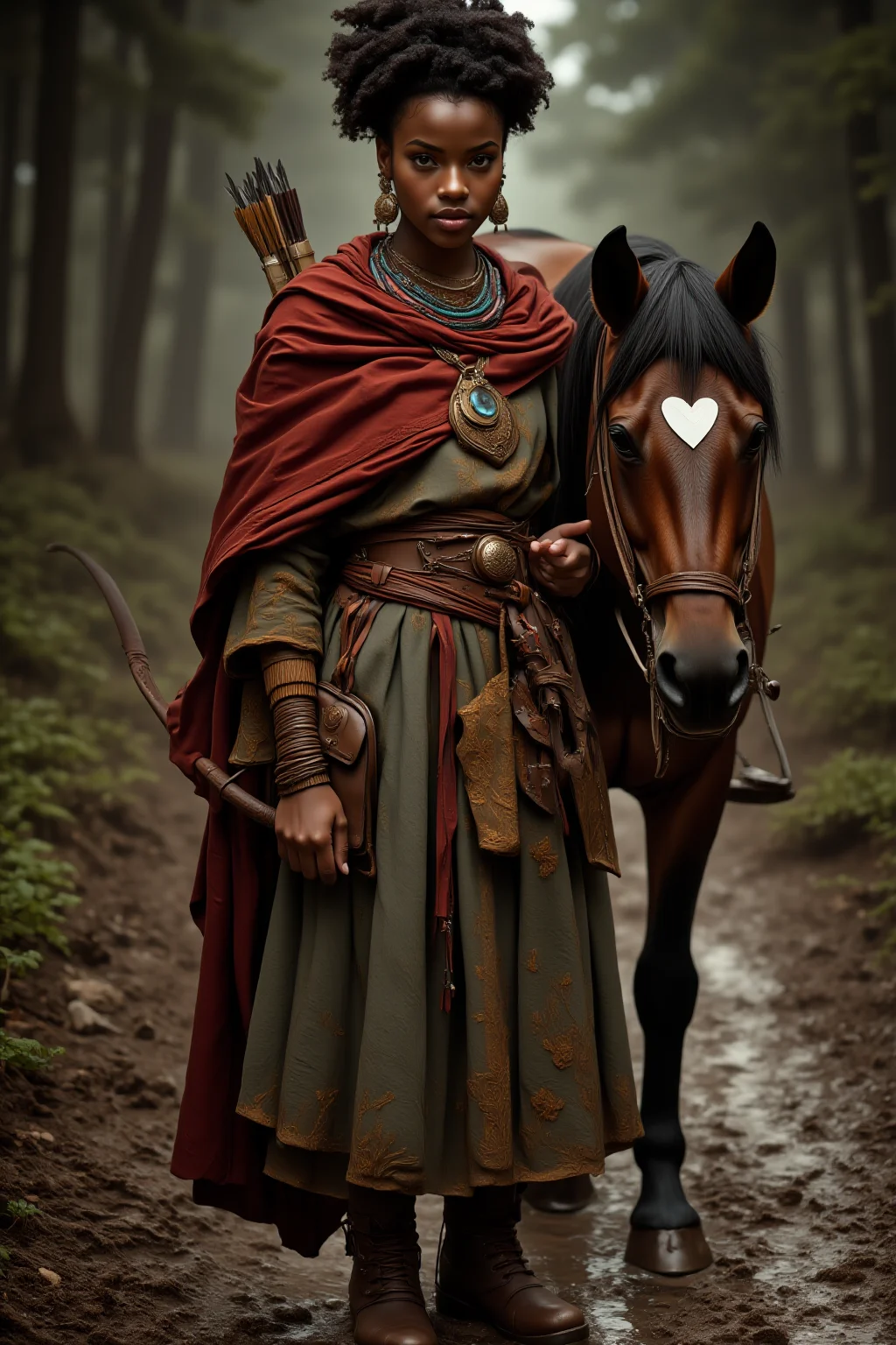 A photo-realistic shoot from a front camera angle about a young woman dressed in traditional clothing stands confidently beside a horse in a forest setting, holding a bow and arrow. on the middle of the image, a 20-year-old dark-skinned woman with an afro hairstyle appears to be standing, looking directly at the viewer with a serious expression. she is wearing a long, flowing dress with intricate gold embroidery and a red shawl draped over her shoulders. her hair is styled in an intricate updo, and she is adorned with jewelry including earrings, a necklace, and a sword. on her right side, a brown horse with a black mane and a white heart-shaped mark is standing beside her. the background is blurred, with trees and greenery, and the lighting is soft and natural, creating a serene atmosphere.
A full body portrait, standing pose, photorealistic, African, fantasy, woman, archer, D&D character, full body portrait, photorealistic, draped cloak, bow, Greg Rutkowski visual style, belt, pouches, cinematic portrait, bun hair, dark skin, detailed, curly hair, horse, wilderness, forest, muddy road, worn boots, styled ornaments, tribal clothing, detailed clothing textures, depth of view, natural sunlight, elegant tribal jewelry, earrings, beaded necklaces, broche or pendant, D&D, fantasy superhero, rogue