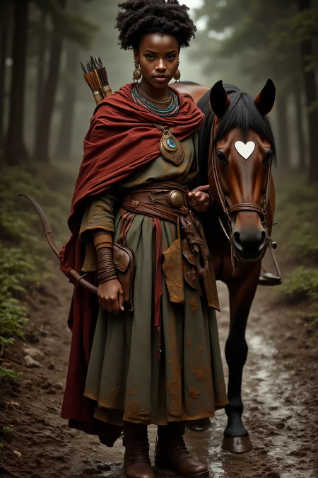 A photo-realistic shoot from a front camera angle about a young woman dressed in traditional clothing stands confidently beside a horse in a forest setting, holding a bow and arrow. on the middle of the image, a 20-year-old dark-skinned woman with an afro hairstyle appears to be standing, looking directly at the viewer with a serious expression. she is wearing a long, flowing dress with intricate gold embroidery and a red shawl draped over her shoulders. her hair is styled in an intricate updo, and she is adorned with jewelry including earrings, a necklace, and a sword. on her right side, a brown horse with a black mane and a white heart-shaped mark is standing beside her. the background is blurred, with trees and greenery, and the lighting is soft and natural, creating a serene atmosphere.

A full body portrait, standing pose, photorealistic, African, fantasy, woman, archer, D&D character, full body portrait, photorealistic, draped cloak, bow, Greg Rutkowski visual style, belt, pouches, cinematic portrait, bun hair, dark skin, detailed, curly hair, horse, wilderness, forest, muddy road, worn boots, styled ornaments, tribal clothing, detailed clothing textures, depth of view, natural sunlight, elegant tribal jewelry, earrings, beaded necklaces, broche or pendant, D&D, fantasy superhero, rogue