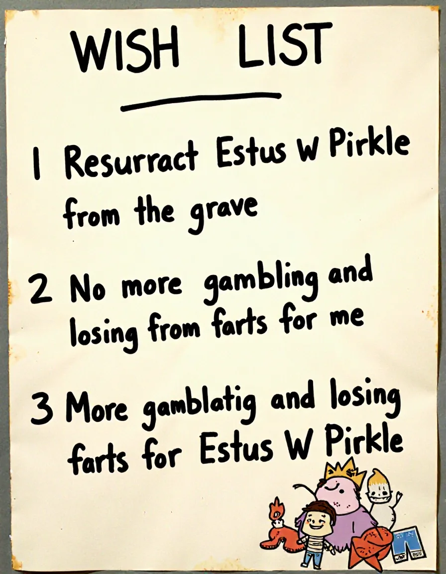 A handwritten wish list called "Nice Tiny Tsuruta's Wish List": 1 Resurrect Estus W Pirkle from the grave. 2 No more gambling and losing from farts for me. 3 More gambling and losing from farts for Estus W Pirkle.