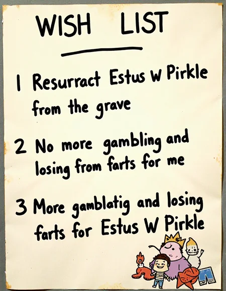 A handwritten wish list called "Nice Tiny Tsuruta's Wish List": 1 Resurrect Estus W Pirkle from the grave. 2 No more gambling and losing from farts for me. 3 More gambling and losing from farts for Estus W Pirkle.