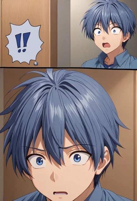 high resolution, solo, best quality, 1Boy, Tomoya Okazaki, Grey Blue Hair, surprised, peeking out, OverallDetail