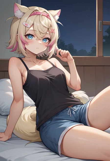 score_9, score_8_up, source_anime, 1girl, solo, MococoAbyssgard, short hair, streaked hair, hairband, hairclip, tail, sleepwear, black camisole, shorts, on bed, night, <lora:ChamMococoAbyssgardPonyXL:0.8>