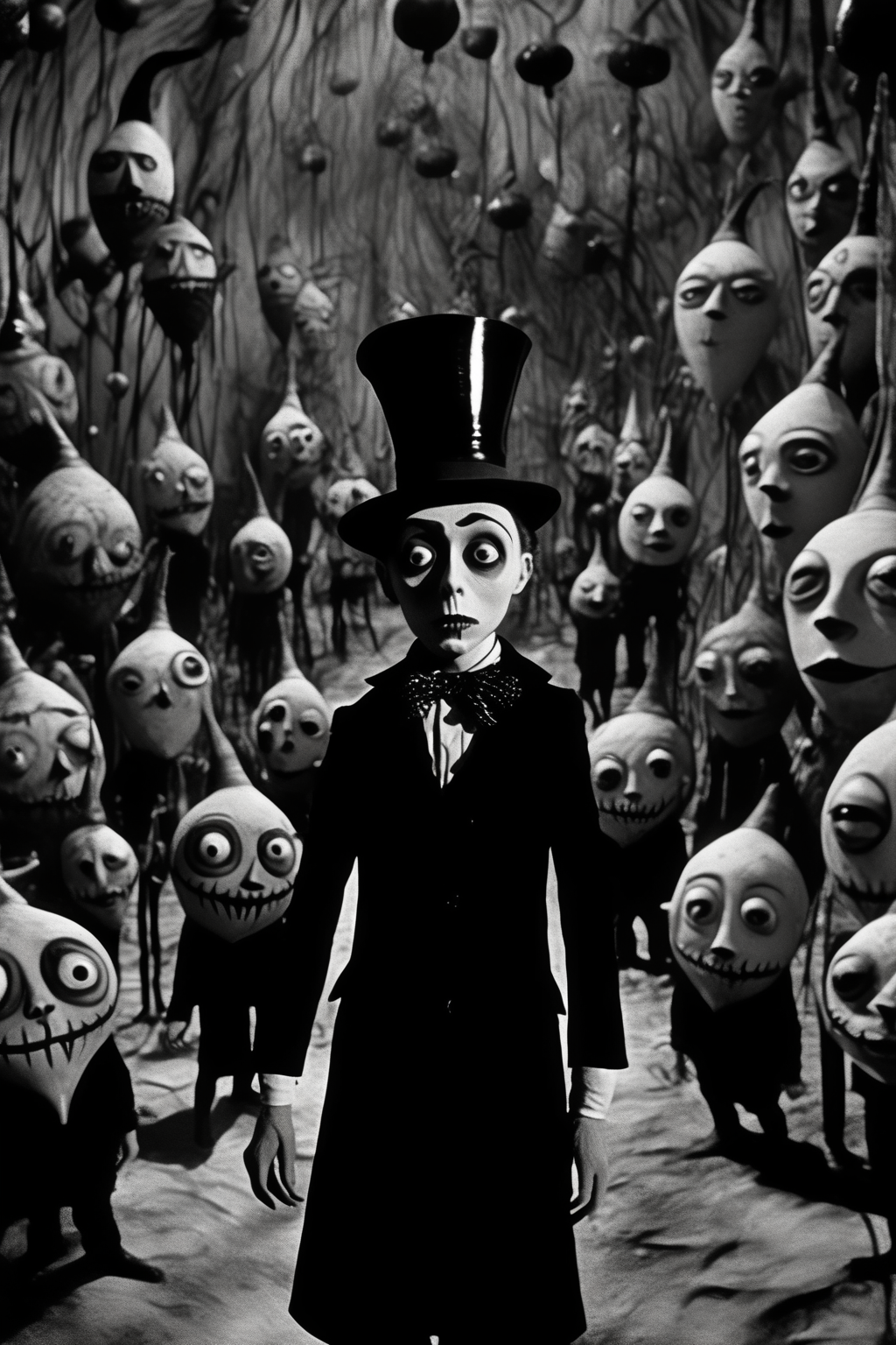 <lora:Director Tim Burton style:1>Director Tim Burton style - creatures_carnaval_directed_by_Tim_Burton_carnaval, horror, film grain, large film noisea film still, German Expressionist,35mm film, surreal scene film noire