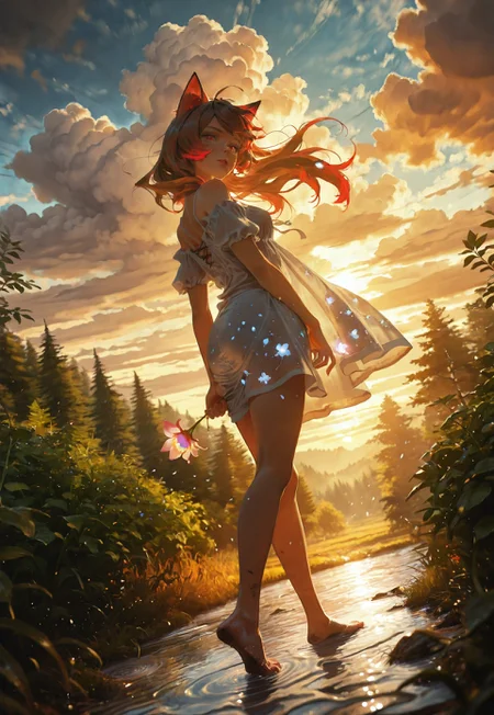masterpiece, best quality, very aesthetic, absurdres, amazing quality,  visual impact, photography cover, day sky with clouds, dappled sunlight, face closeup, 

1girl,cute_face,seductive posture, calm colors, red streaks, photorealistic, see-through silhouette, oversized sundress, (backlighting:1.3), (from side:0.9), cinematic angle, white dress,  sad, outdoors, sunset, windy, floating_hair, bare feet, dirty feet, curvy figure, thich thighs, glowing flower pattern, looking up, puddle, standing in puddle, looking up at sky, glowing_flower, detailed face, looking at viewer, intense look, slit pupils, face closeup, glowing_petals, holding flower, rain, raining, rain particles, cloudy sky, rain clouds, field, grass, off one shoulder, drooping cat ears, bushes, forest trail, nature theme, outdoors, spectral ray, godrays, torn clothes, walking, seductive, Dutch angle, perfect hands,

(sexy), ink painting background, dutch angle,  overgrown environment, scenery, candid,

detailed clothes, detailed background, (sexy, slutty), dutch angle, ultra-detailed face, dynamic light, soft shadows, raytracing,ambient occlusion, 

dutch angle, limited palette, realistic,(dino_(dinoartforame):0.2),(yoneyama mai:0.5),(Yomu:0.3),(quasarcake:0.2),(wlop:0.3), 