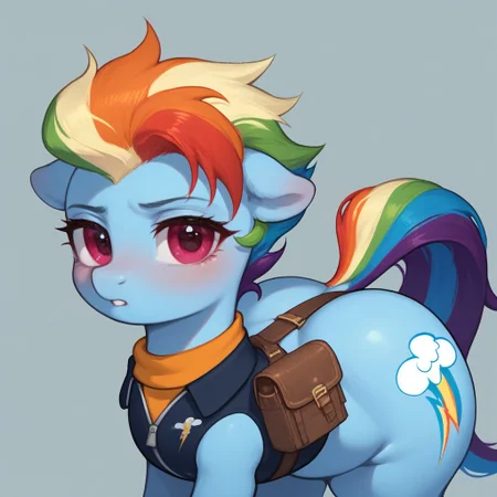 score_9, score_8_up, score_7_up BREAK Rainbow Dash (My Little Pony) explicit, artist:snuddy, feral pony, g4, standing,  female, hyper butt,Hyper Hips,tired,blushing, ((((side_view,looking at you))),standing ,