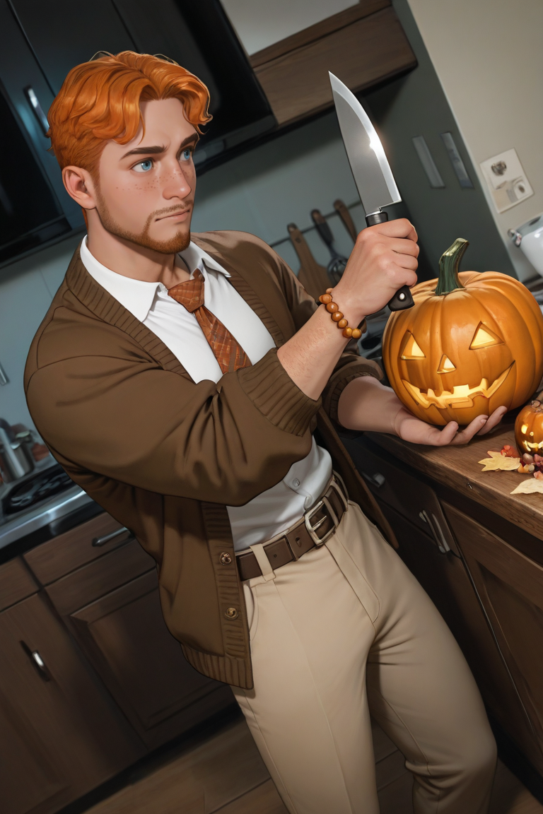 expressive manly face, shadow, dynamic angle, intricately detailed, depth of field, masterpiece, best quality, amazing quality, very aesthetic, absurdres, newest, very awa, 1boy, make focus, solo,coralcharles,orange hair,short hair,blue eyes,facial hair,freckles,fallcharles, brown cardigan, open jacket, white collared shirt, tan pants, brown shoes, beads bracelet on one wrist, belt, kitchen, carving pumpkin, holding knife, looking away, jack-o'-lantern, halloween decorations