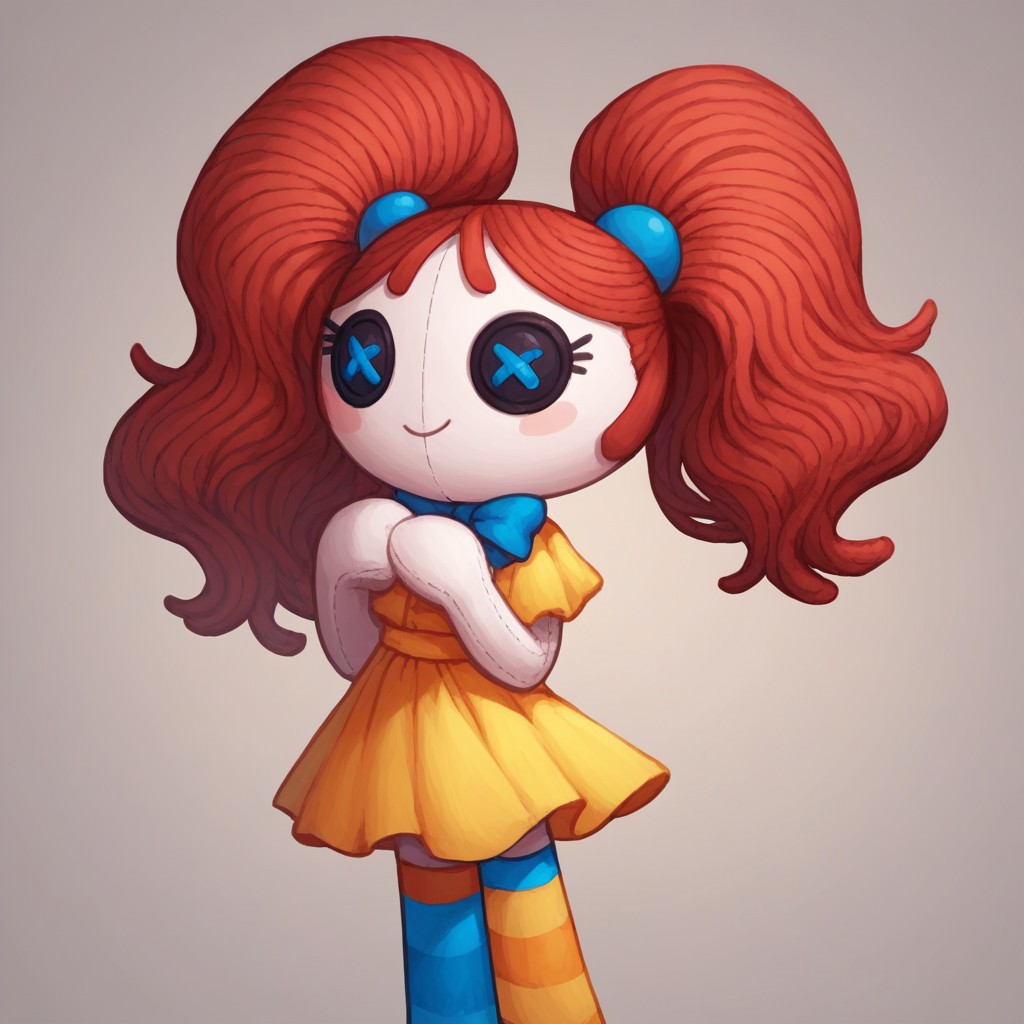 Score_9, score_8_up, score_7_up, Rubilocks, red hair, twintails, button eyes, blue eyes, doll, yellow dress, stripped stockings, hair ornaments