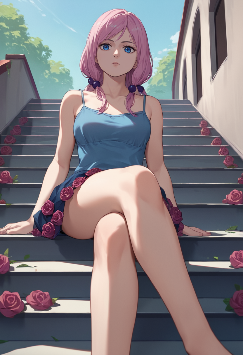 score_9, score_8_up, score_7_up, source_anime, solo, 1girl, hirose yasuho, expressionless, looking at viewer, sitting, stairs, crossed legs, hair bobbles, blue camisole, skirt, rose, bare shoulders, outdoors <lora:jojo_hirose_ponyXL:1>