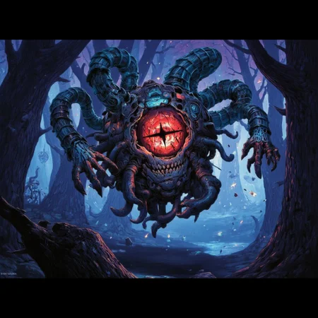 The  cyberpunk Eldritch Beholder prowls a dense, misty forest at twilight, its deformed central eye glowing a sinister red. The trees are gnarled and twisted, their branches reaching out like skeletal hands. Wisps of ethereal light float through the air, casting faint illumination on the Beholder's terrifying form. bhlr