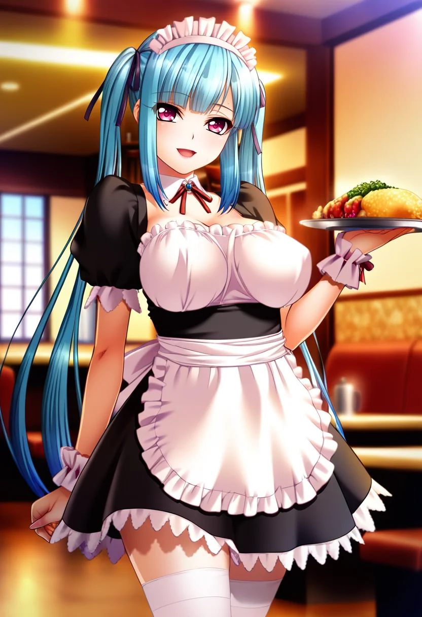 masterpiece, best quality, amazing quality,miyu takamine, pink eyes, blue hair, twintails, 1girl, solo,maid, long hair, white thighhighs, maid headdress,breasts,wrist cuffs, apron,open mouth, light smile, holding plate, arm at side, standing, looking at viewer, cowboy shot, indoors, restaurant, blurry background <lora:miyu takamineV1:1>
