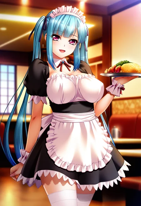 masterpiece, best quality, amazing quality,miyu takamine, pink eyes, blue hair, twintails, 1girl, solo,maid, long hair, white thighhighs, maid headdress,breasts,wrist cuffs, apron,open mouth, light smile, holding plate, arm at side, standing, looking at viewer, cowboy shot, indoors, restaurant, blurry background <lora:miyu takamineV1:1>