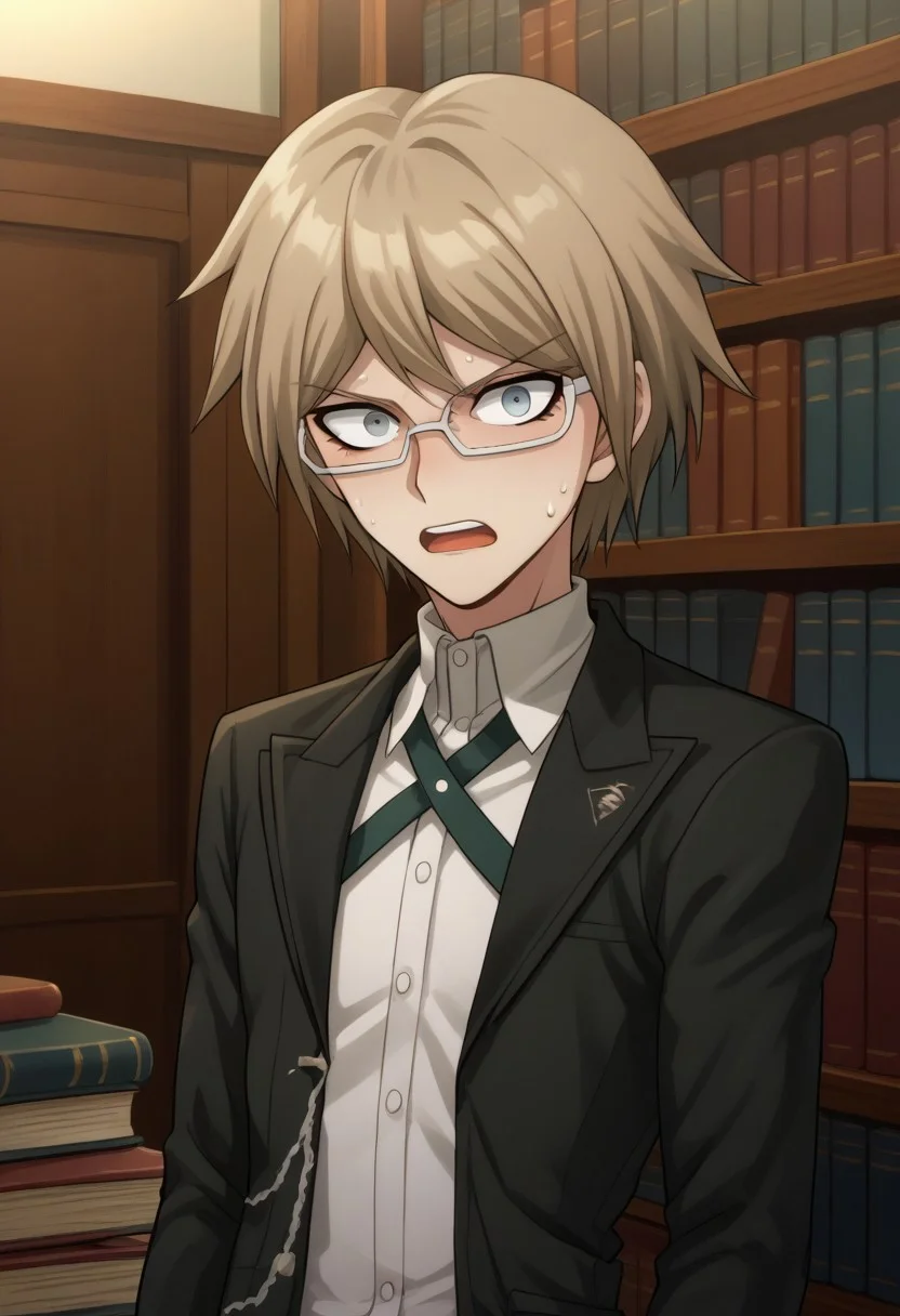 score_9, score_8_up, score_7_up, source_anime, highly detailed,
togami, 1boy, male focus, solo, shirt, short hair, glasses, jacket, open mouth, bangs, sweat, upper body, collared shirt, white shirt, looking at viewer, black jacket, open jacket, teeth, long sleeves, open clothes,
brown hair, semi-rimless eyewear grey eyes, upper teeth only, chain, turning pale, shocked,
indoor, books, bookshelf,