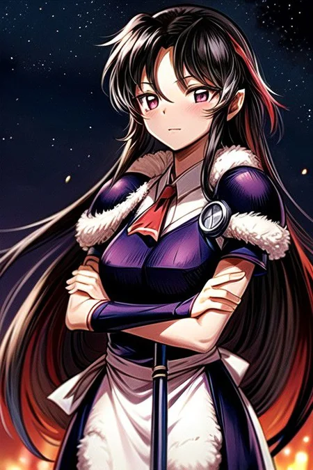 best quality 1girl Setsun4 solo long hair, (night time) forest background black hair very long hair purple eyes multicolored hair armor, small, (fur trim) (medium body),<lora:EMS-179-EMS:0.800000>,<lora:EMS-293862-EMS:0.800000> bow, hair_bow, hair_tubes, red_bow, brown_hair, long_hair, bangs, ascot, frilled_bow, yellow_ascot, blush, smile, hair_between_eyes, athletic, armor, miko, strengthmda, crossed arms,