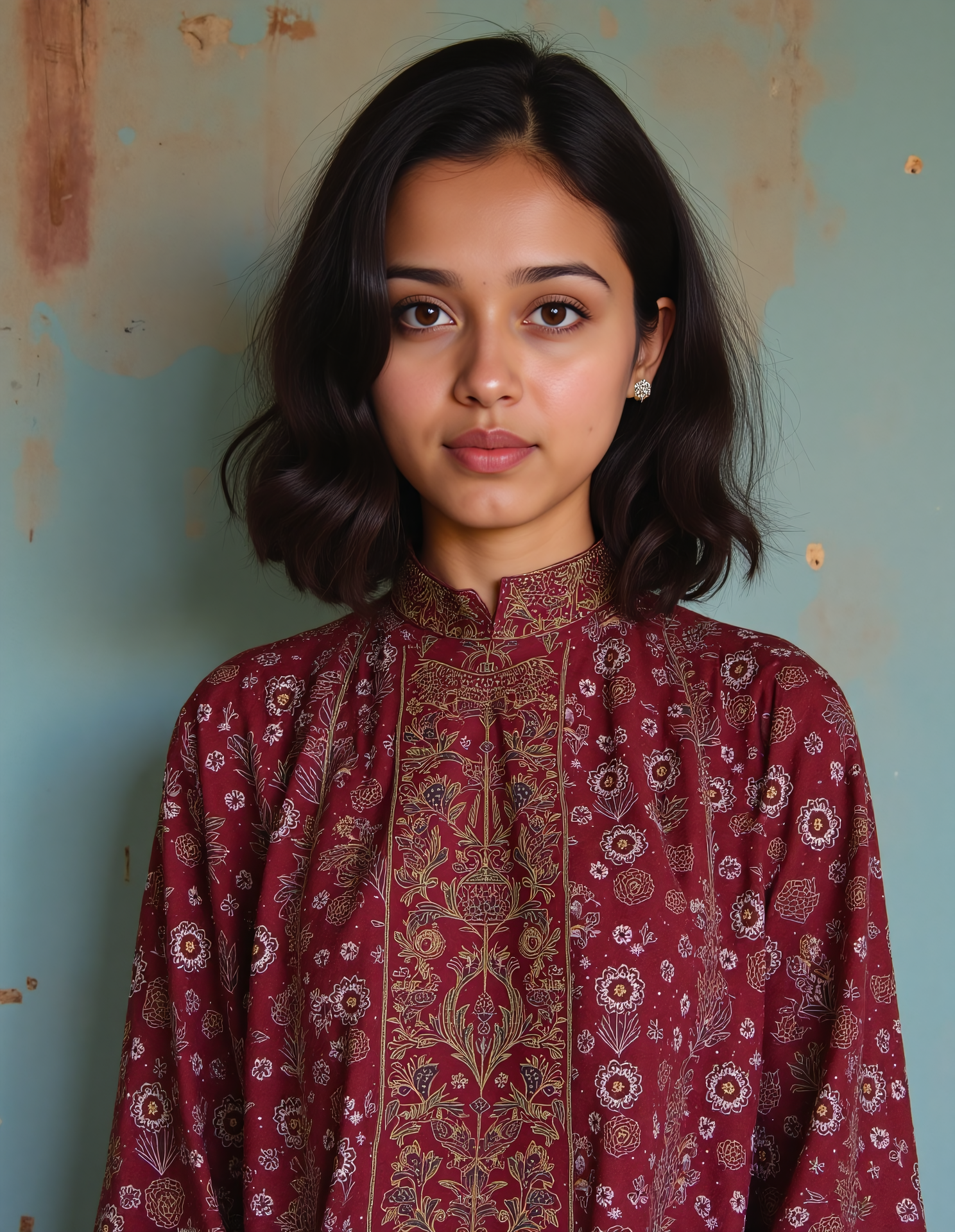 from front photo of a  woman with a d351 l1ght skintone, hyper realistic photo that is safe for work,  studio quality image with natural colors, well dressed wearing intricate turtleneck Maroon Bandhani Dress, hair styled as  bob,muted pastel shaded multicolored background that contrasts with the person, cinematic lighting,âââââ  <lora:D351_L1ght_Desi_Latte_Flux_Kohya_V3:0.8>âââ