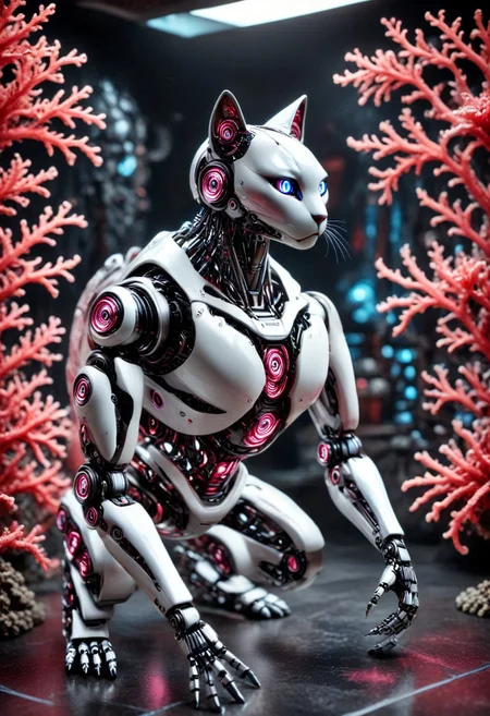 masterpiece, one-person solo, Dark-Fantasy-page Jed-rbt robotlora, robot cat robot-cat made-out-of-coral, (dark:1.1) indoors bar (shadows) (dark-atmosphere) ominous eerie