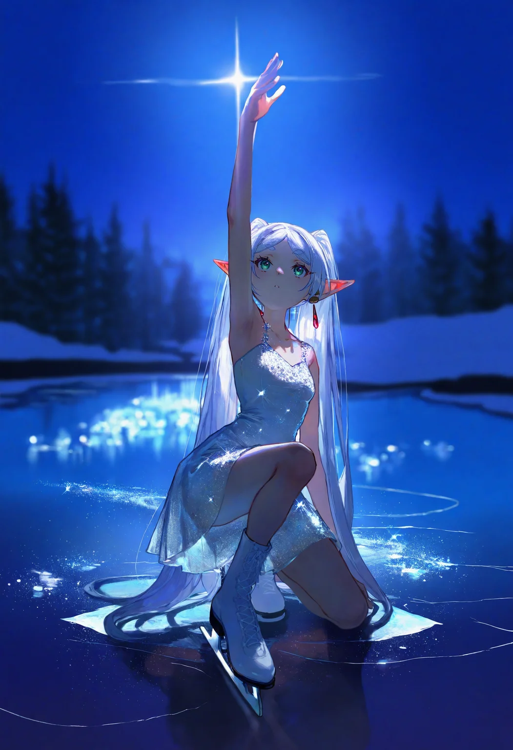 artist:[quasarcake|diyokama|fuzichoco|yoneyama mai|lam \(ramdayo\)],  impasto, ice skating, ice skates, 1girl, frieren, solo, green eyes, armpits, arm up, white footwear, on one knee, white dress, white hair, sequins, glint, sparkle, snow, backlighting, night, moonlight, outdoors, frozen lake, looking up, impasto, vignetting, chiaroscuro, 
masterpiece, best quality, very awa, absurdres
<lora:noobai_vpred_1_aesthetic_quality_modifiers_complete_v2:1>