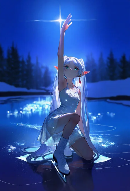 artist:[quasarcake|diyokama|fuzichoco|yoneyama mai|lam \(ramdayo\)],  impasto, ice skating, ice skates, 1girl, frieren, solo, green eyes, armpits, arm up, white footwear, on one knee, white dress, white hair, sequins, glint, sparkle, snow, backlighting, night, moonlight, outdoors, frozen lake, looking up, impasto, vignetting, chiaroscuro, 
masterpiece, best quality, very awa, absurdres
<lora:noobai_vpred_1_aesthetic_quality_modifiers_complete_v2:1>